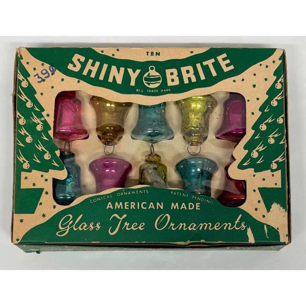 Vintage Shiny Brite Mini Bell Ornaments Package Ties Feather Tree Original Box